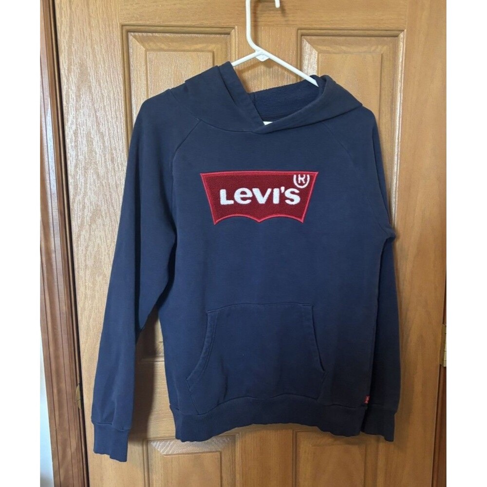 Levi’s Pullover Fleece Navy Blue Hoodie Kids Size XL Embroidered Patch